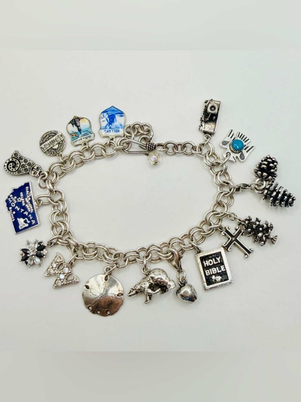Sterling Silver Charm Bracelet vintage Enamel & Gemstone w/JimShore Cat Sz 8”